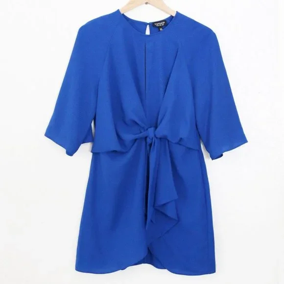 Topshop Dress Wide Half Sleeves Knot Tie Front Cobalt Royal Blue Mini Dress US 8 - Picture 8 of 16